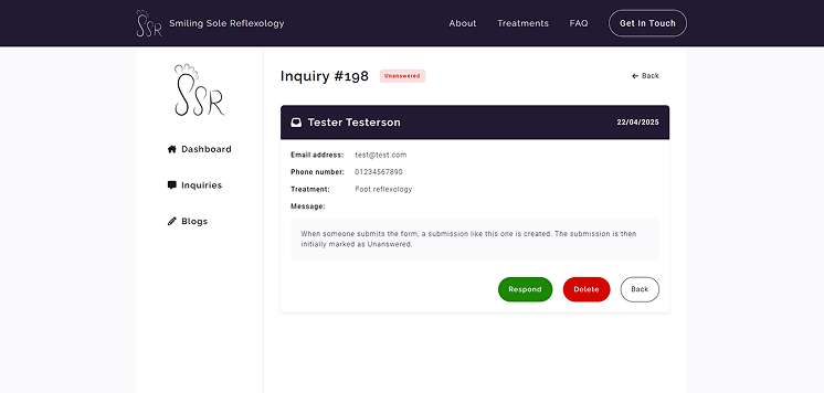 A screenshot of the Smiling Sole Reflexology individual inquiry page. The page shows a small card with all of the information that was filled out by the potential customer including the following: Full name, date of submission, email address, phone number, the treatment they want, and a message. Below the message are three buttons; they're green, red and white with a black border. The buttons are the following, Respond, Delete and Back.