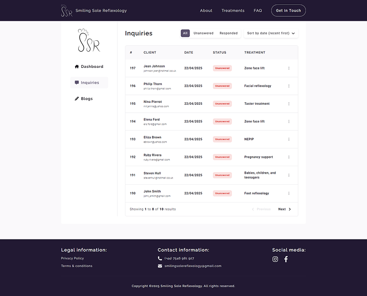 A screenshot of the Smiling Sole Reflexology inquiry page created by JHM Canvas. The page features a list of inquiries and the information that had been submitted from the form. At the bottom of the list, you can find pagination which will take you to the next eight inquiries.