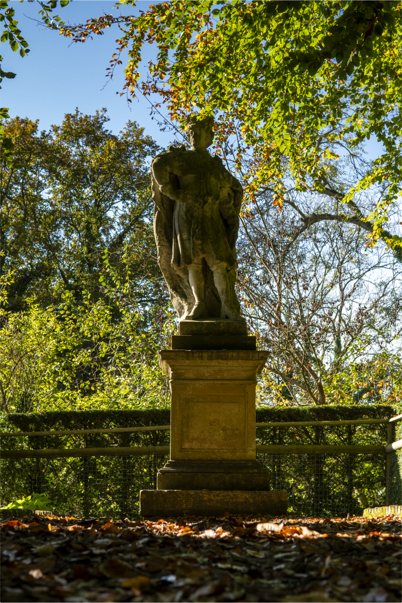 A statue of a man with light being cast down, with leaves lay in-front on the ground.